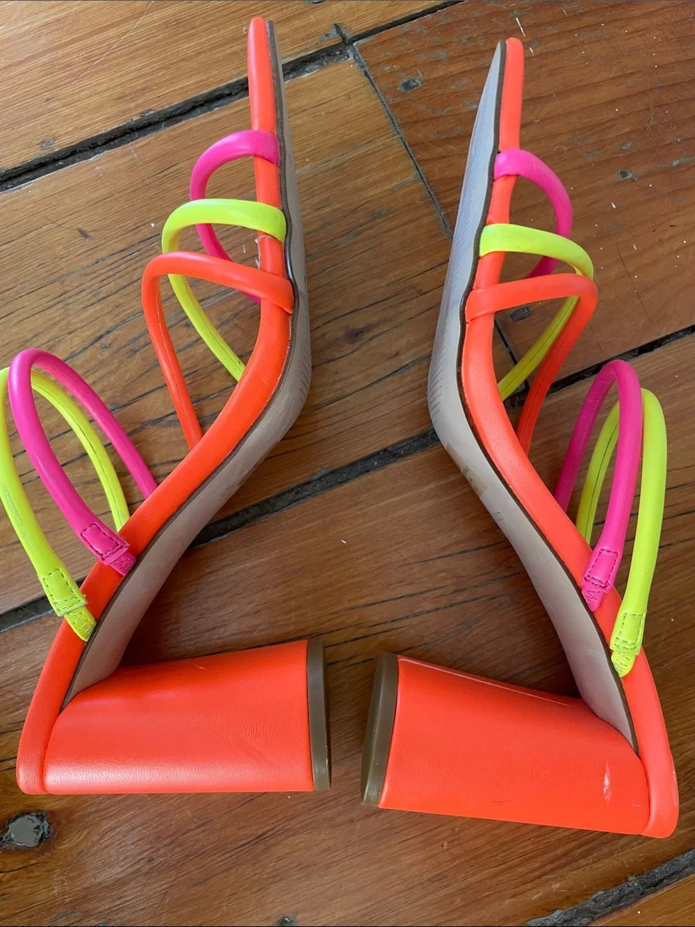 Nine West Neon Orange Slide Heels with Pink & Yellow Strappy Accents